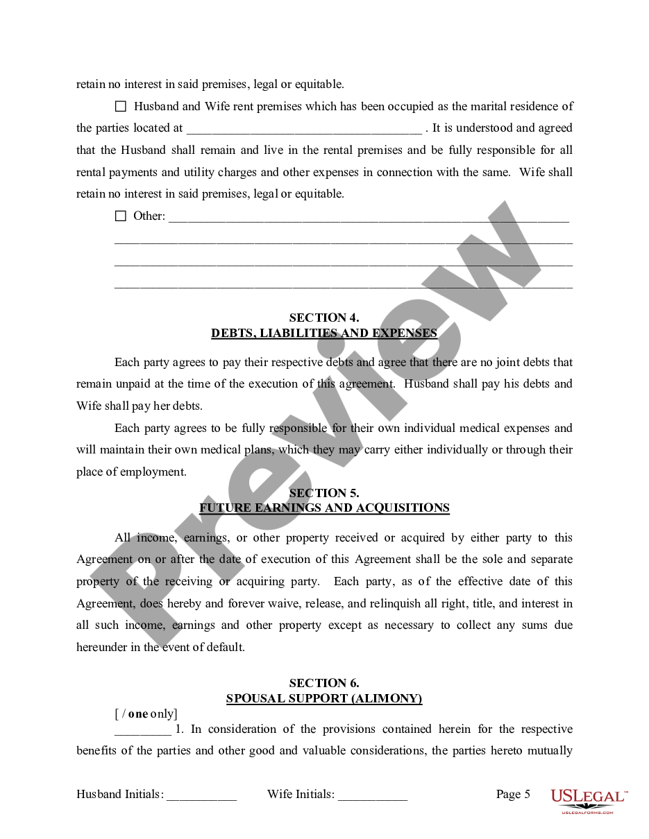 form Marital Legal Separation and Property Settlement Agreement where Minor Children and No Joint Property or Debts and Divorce Action Filed preview