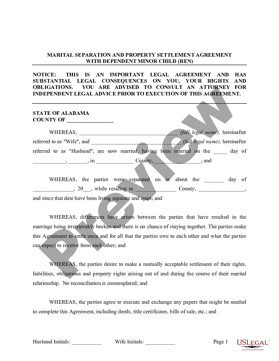 page 1 Marital Legal Separation and Property Settlement Agreement where Minor Children and No Joint Property or Debts that is Effective Immediately preview