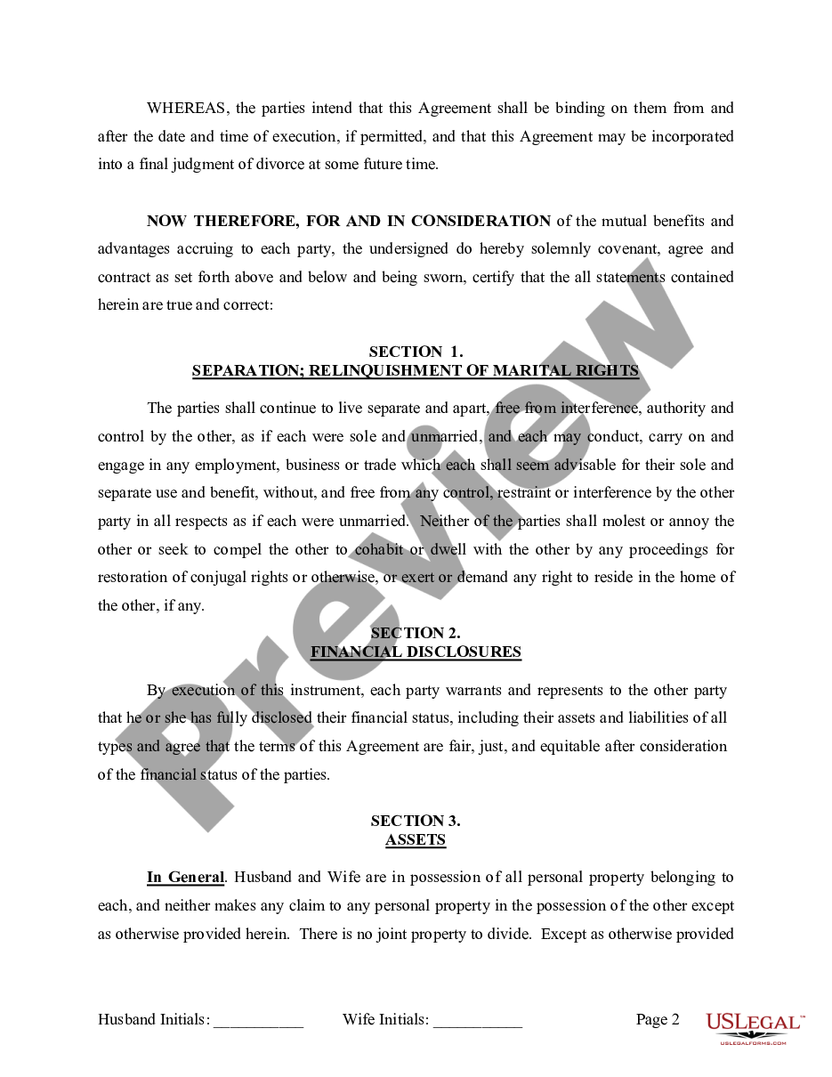 page 2 Marital Legal Separation and Property Settlement Agreement where Minor Children and No Joint Property or Debts that is Effective Immediately preview