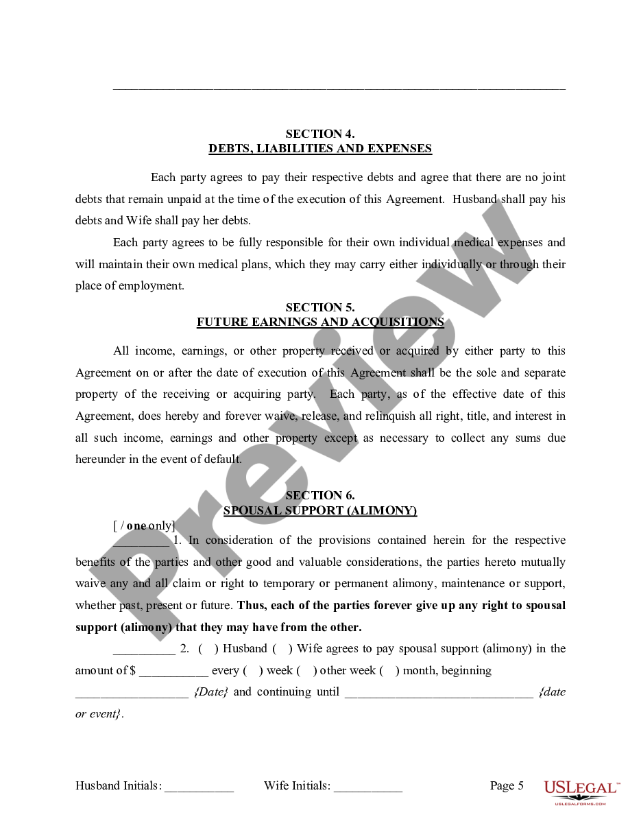 page 5 Marital Legal Separation and Property Settlement Agreement where Minor Children and No Joint Property or Debts that is Effective Immediately preview
