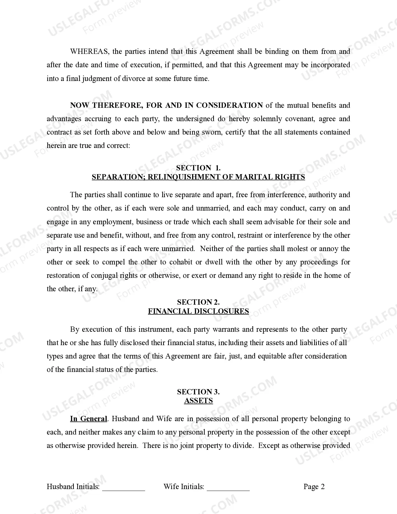 Preview Marital Legal Separation and Property Settlement Agreement where Minor Children and No Joint Property or Debts that is Effective Immediately