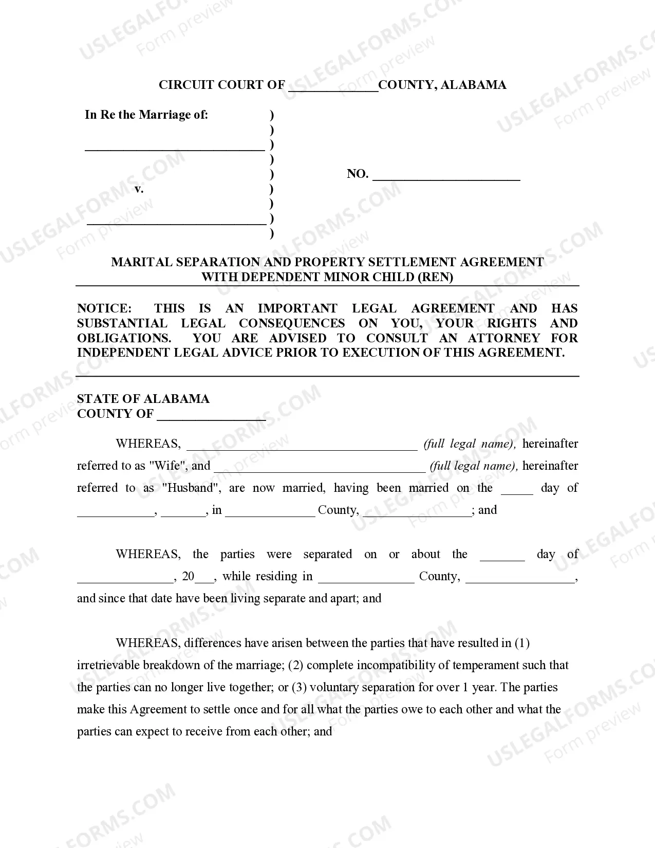 Preview Marital Legal Separation and Property Settlement Agreement where Minor Children and Parties May have Joint Property or Debts and Divorce Action Filed