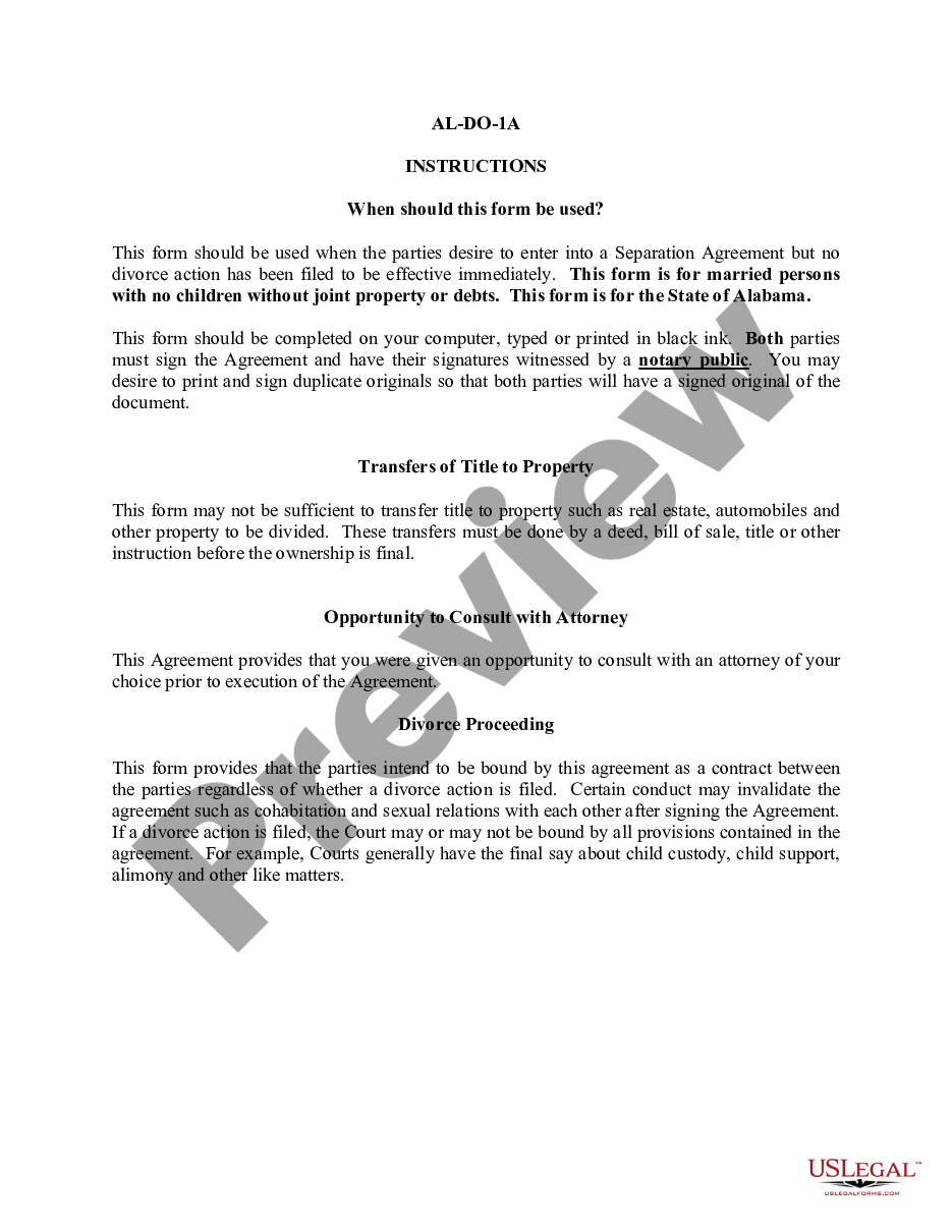 page 0 Marital Legal Separation and Property Settlement Agreement for persons with no Children, No Joint Property or Debts Effective Immediately preview
