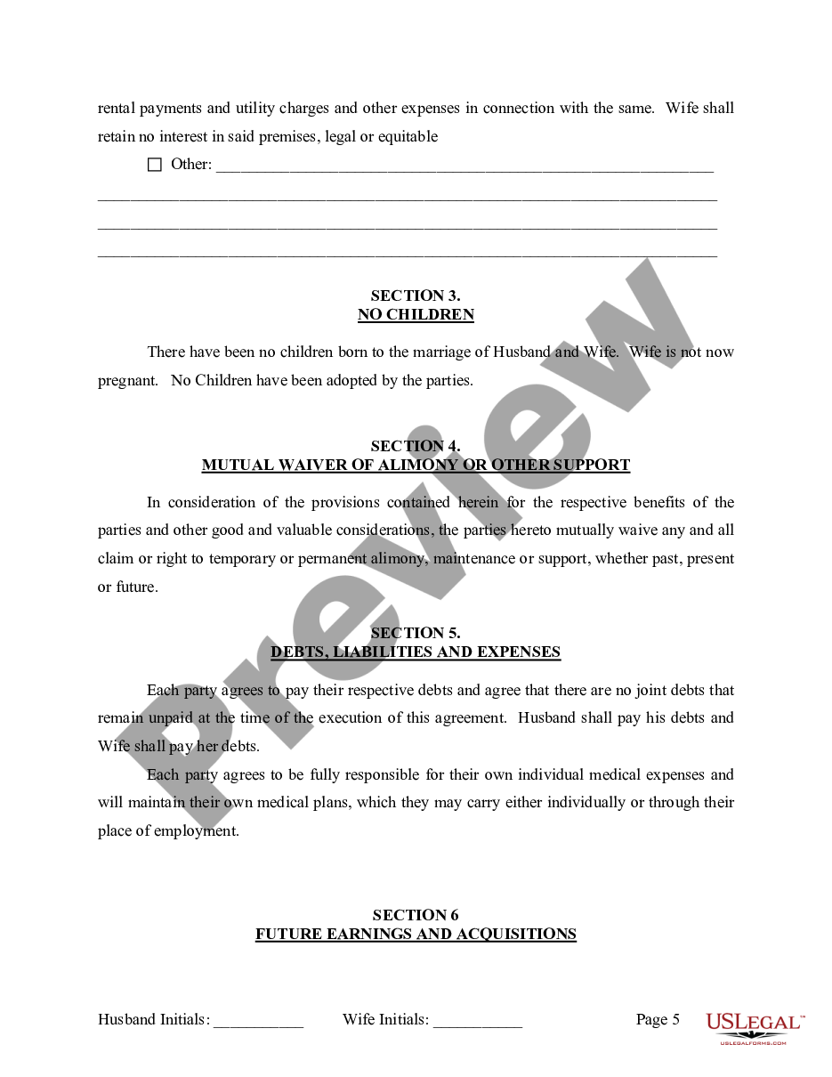 form Marital Legal Separation and Property Settlement Agreement for persons with no Children, No Joint Property or Debts Effective Immediately preview