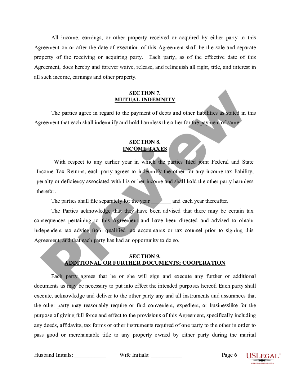 page 6 Marital Legal Separation and Property Settlement Agreement for persons with no Children, No Joint Property or Debts Effective Immediately preview