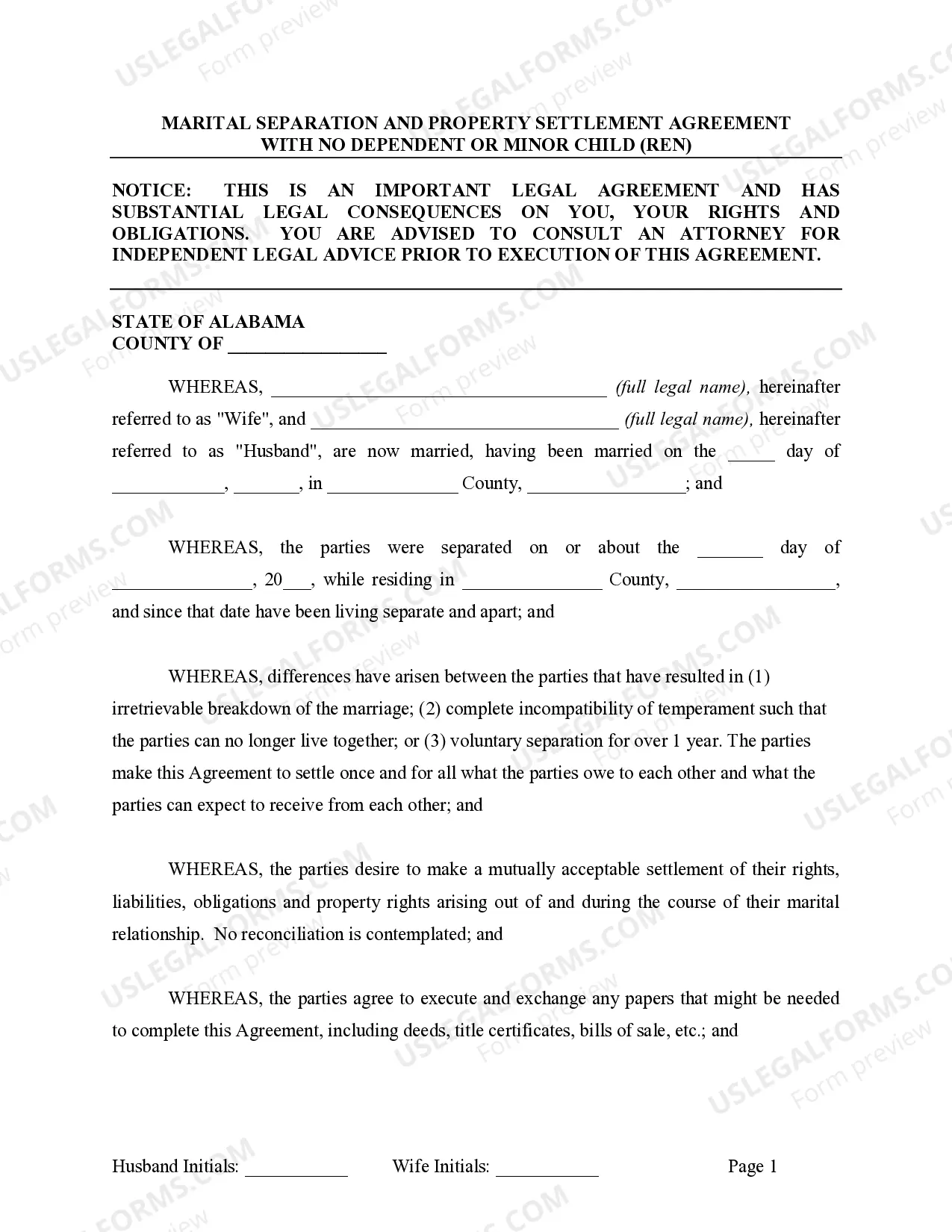 Preview Marital Legal Separation and Property Settlement Agreement for persons with no Children, No Joint Property or Debts Effective Immediately