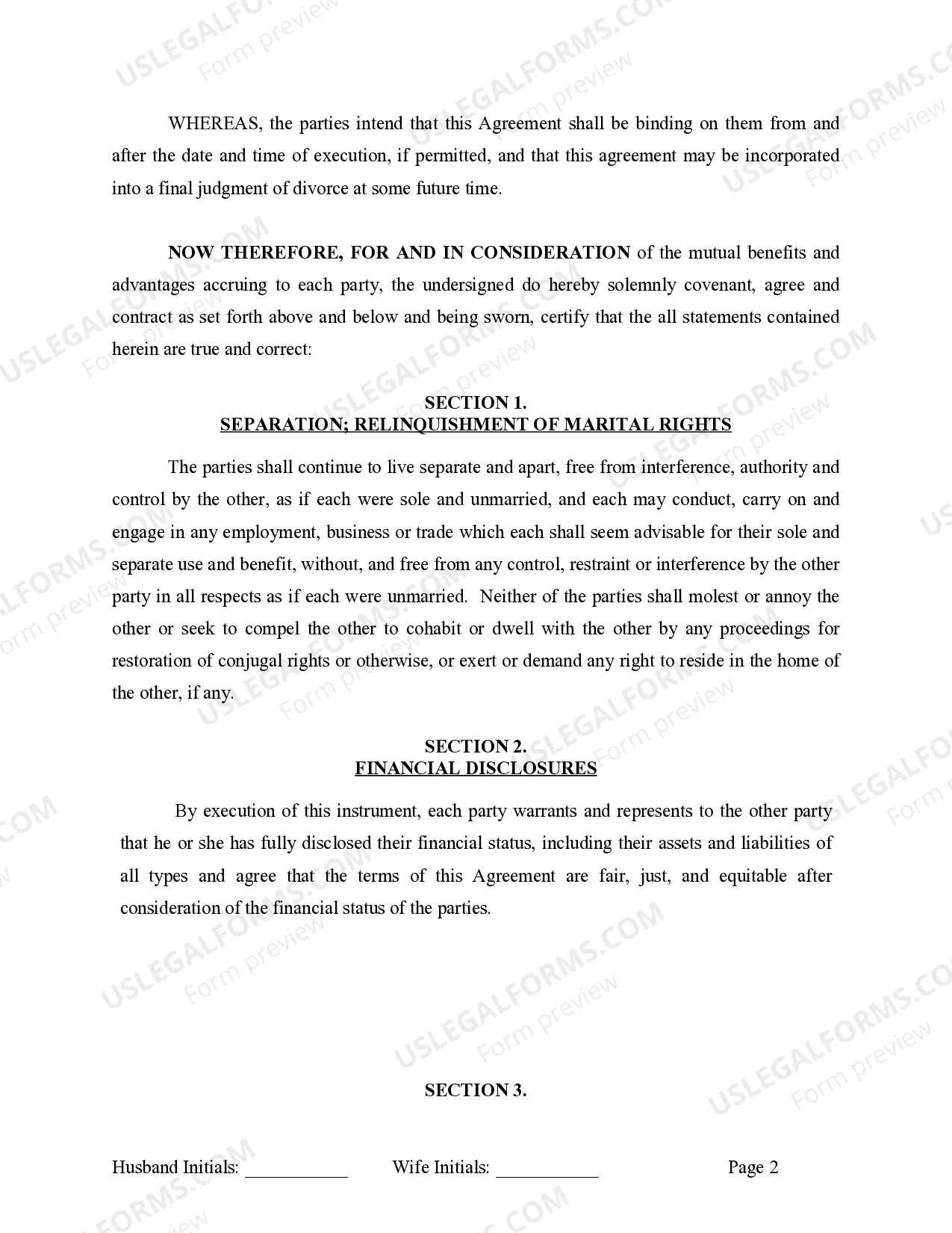 Preview Marital Legal Separation and Property Settlement Agreement for persons with no Children, No Joint Property or Debts Effective Immediately