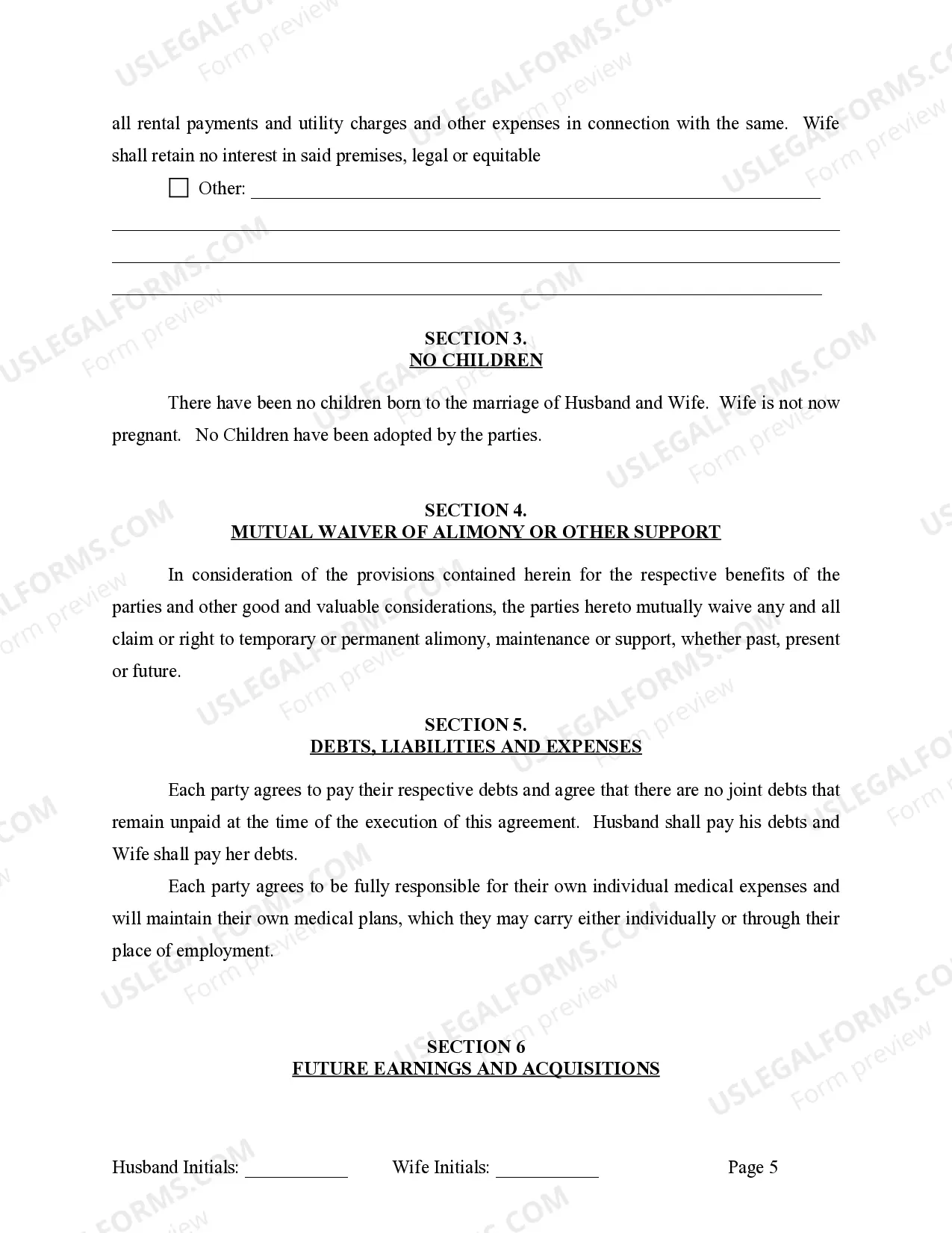 Preview Marital Legal Separation and Property Settlement Agreement for persons with no Children, No Joint Property or Debts Effective Immediately
