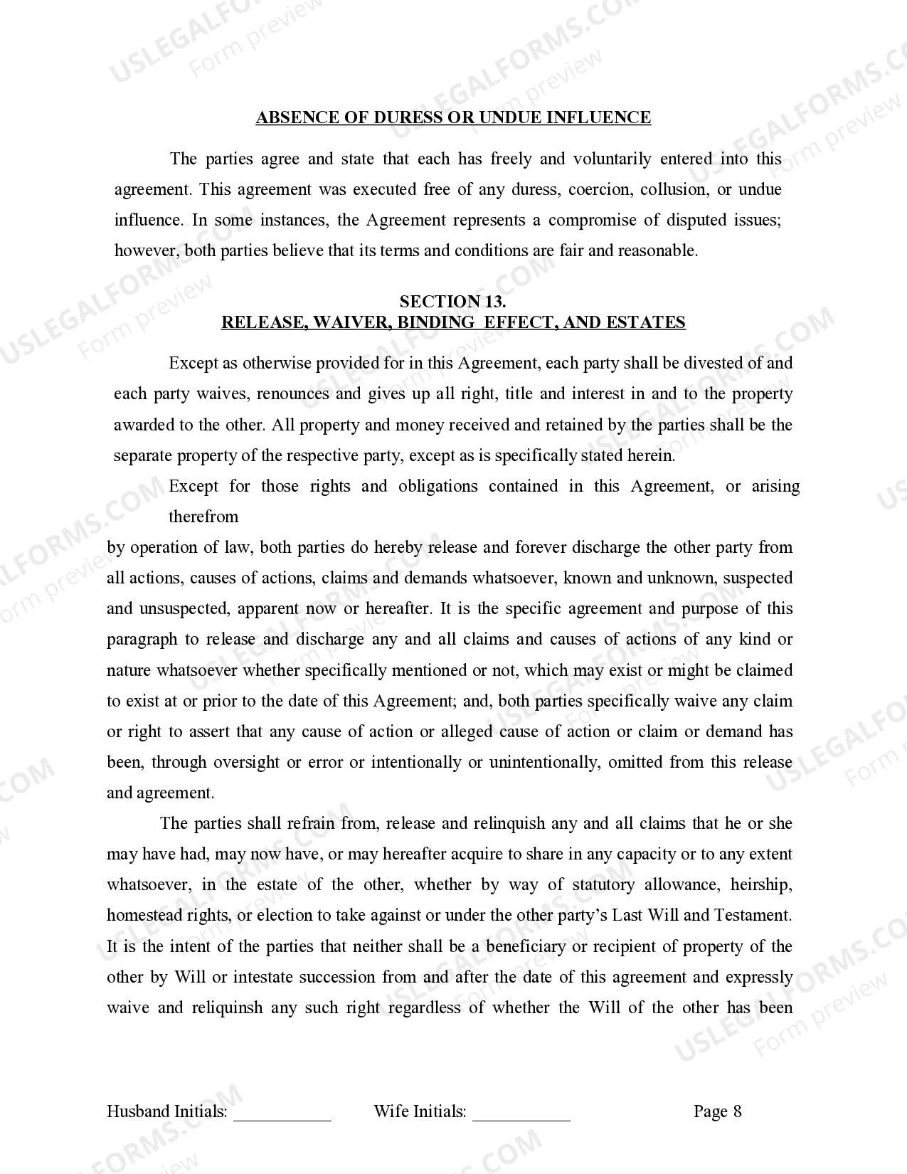 Preview Marital Legal Separation and Property Settlement Agreement for persons with no Children, No Joint Property or Debts Effective Immediately