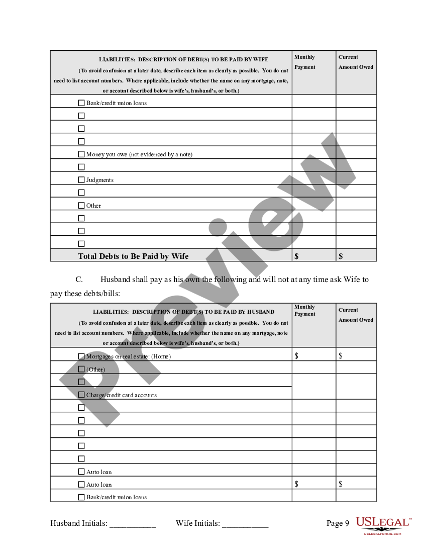 page 9 Marital Legal Separation and Property Settlement Agreement where No Children and parties may have Joint Property and / or Debts and Divorce Action Filed preview
