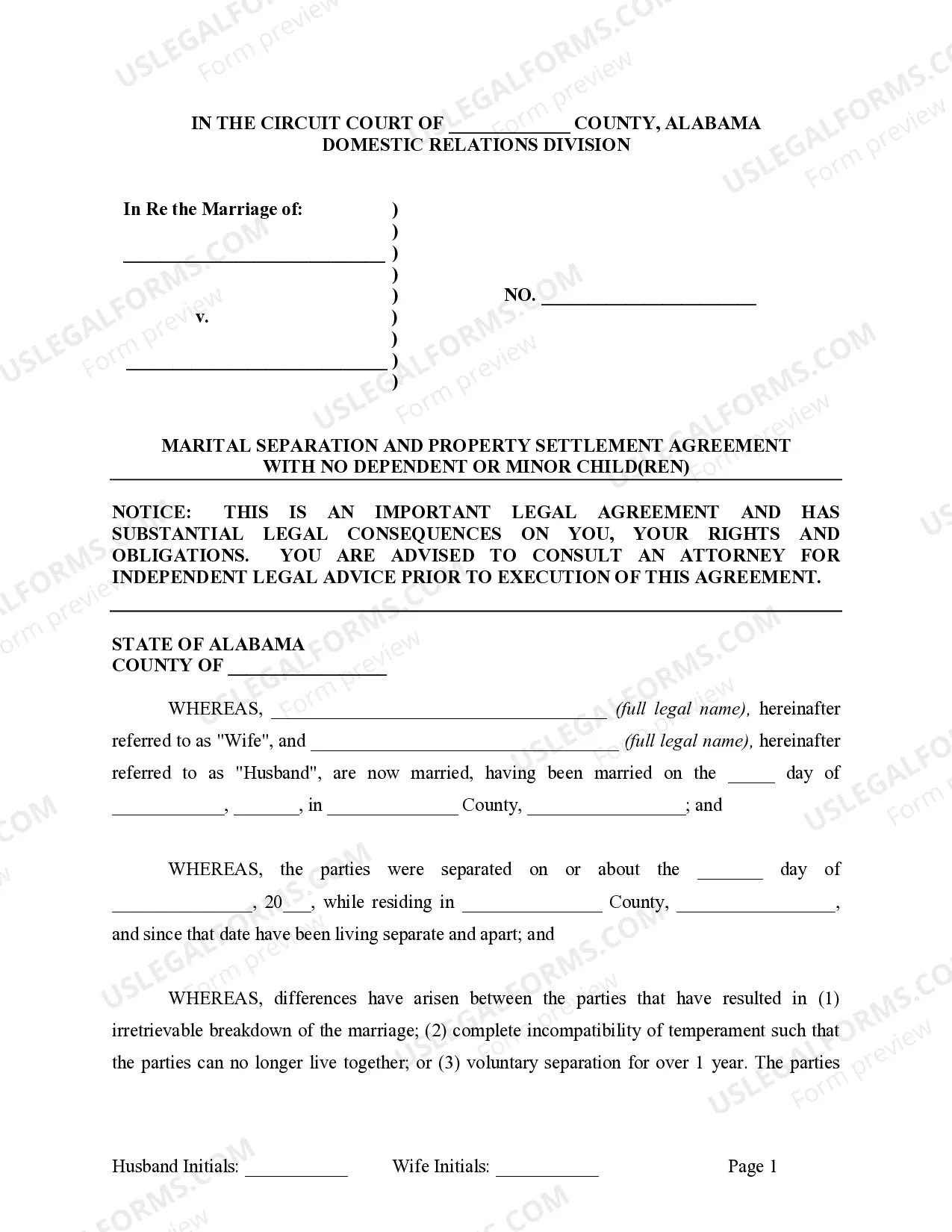Preview Marital Legal Separation and Property Settlement Agreement where No Children and parties may have Joint Property and / or Debts and Divorce Action Filed