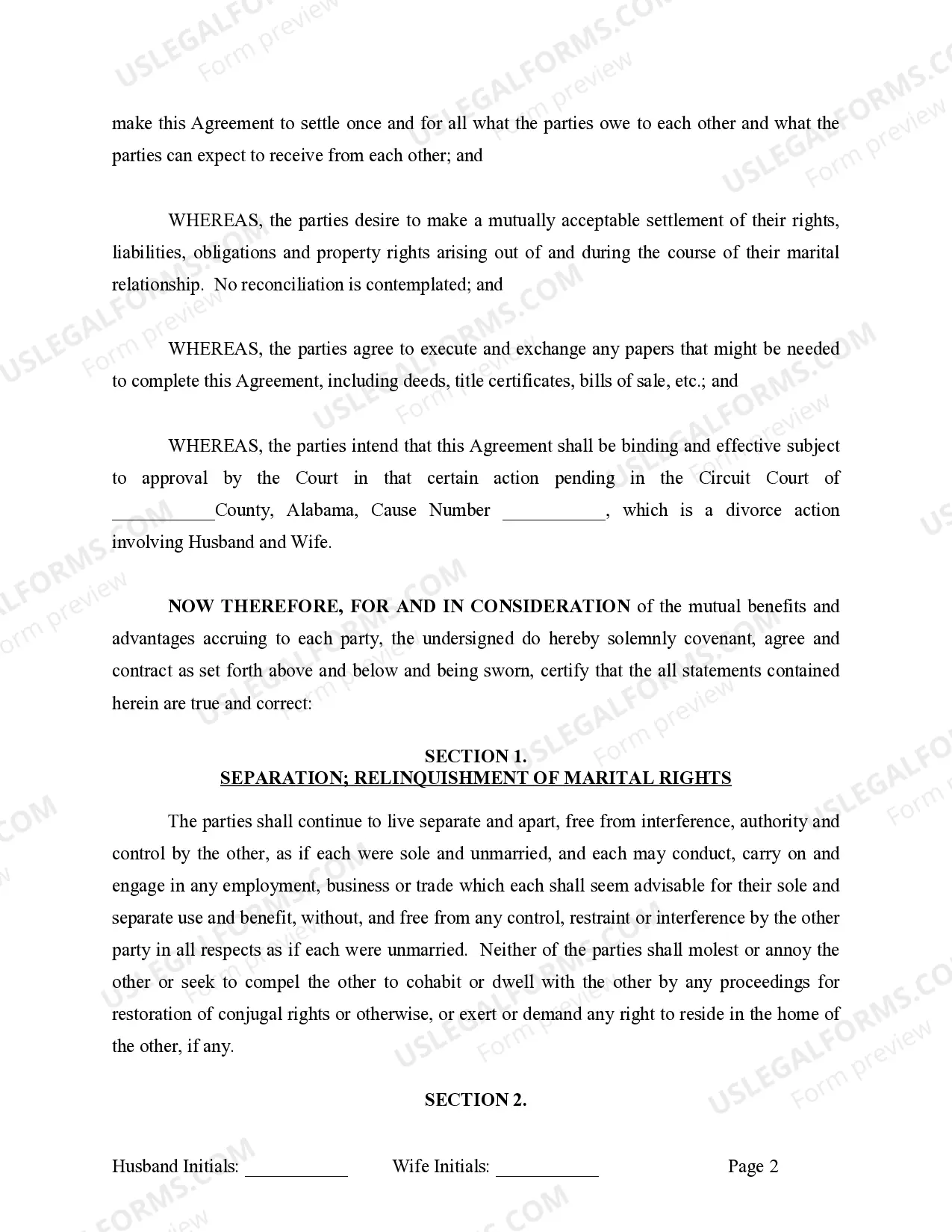 Preview Marital Legal Separation and Property Settlement Agreement where No Children and parties may have Joint Property and / or Debts and Divorce Action Filed