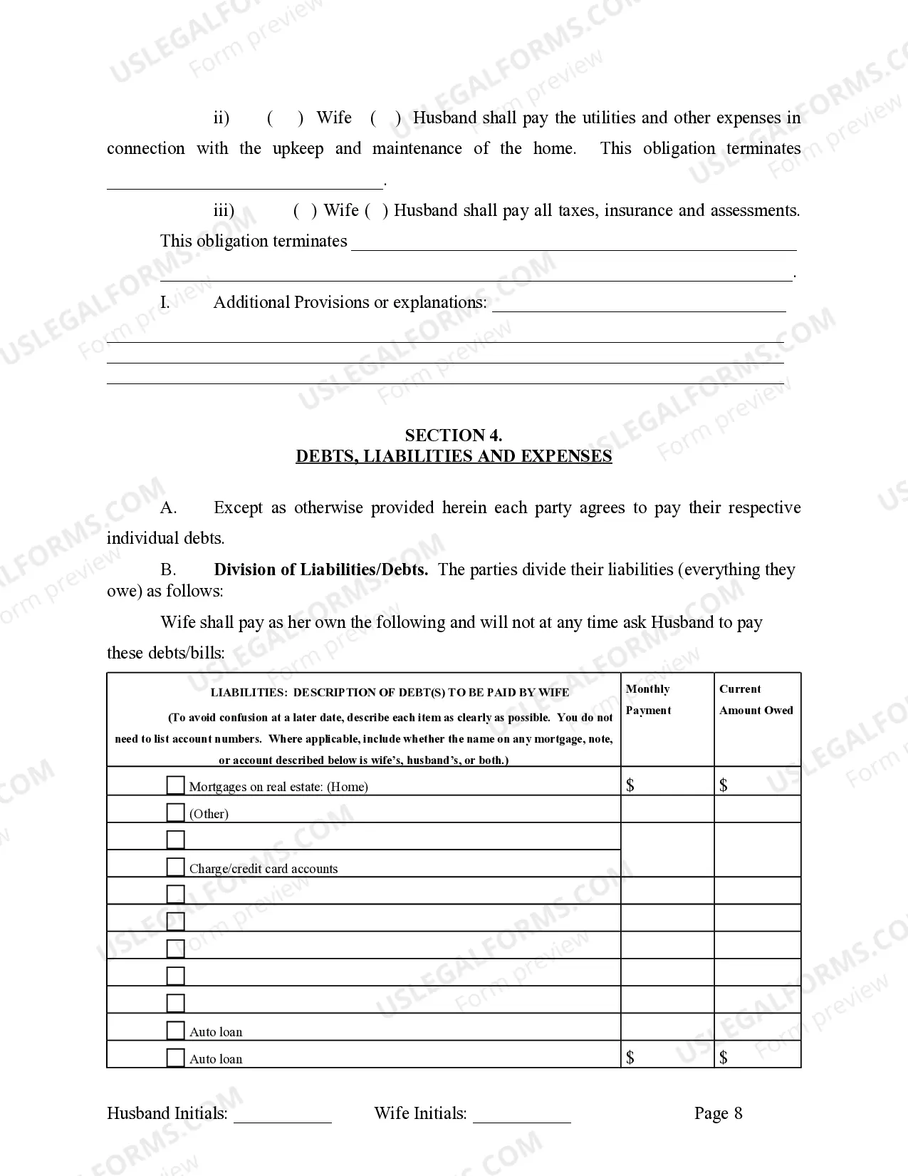 Preview Marital Legal Separation and Property Settlement Agreement where No Children and parties may have Joint Property and / or Debts and Divorce Action Filed