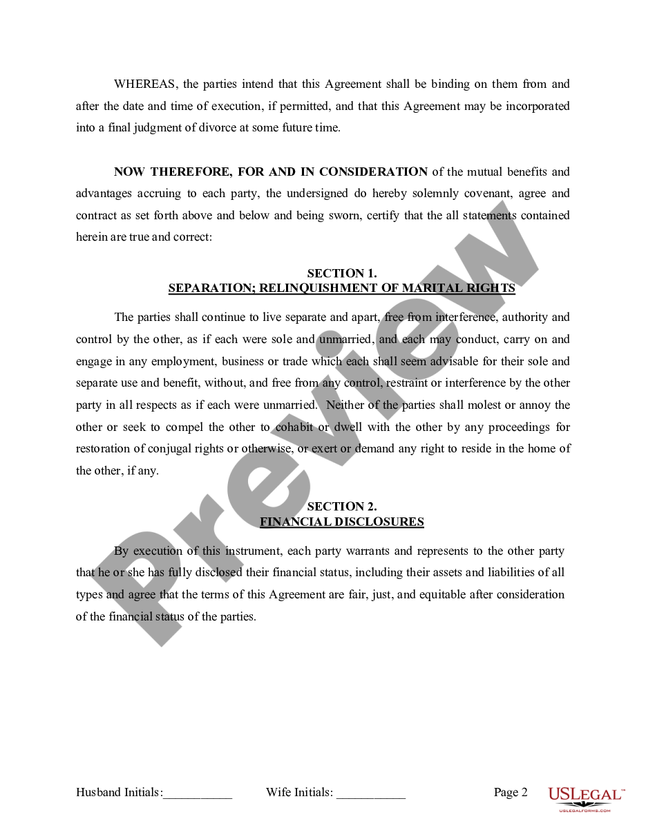page 2 Marital Legal Separation and Property Settlement Agreement no children parties may have Joint Property or Debts effective Immediately preview