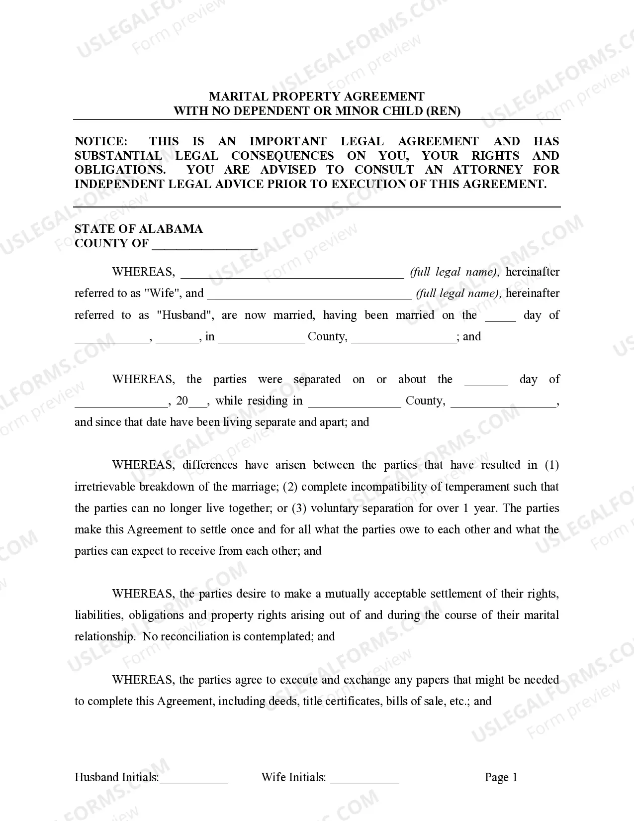 Preview Marital Legal Separation and Property Settlement Agreement no children parties may have Joint Property or Debts effective Immediately