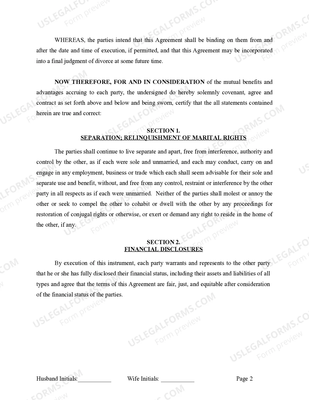 Preview Marital Legal Separation and Property Settlement Agreement no children parties may have Joint Property or Debts effective Immediately