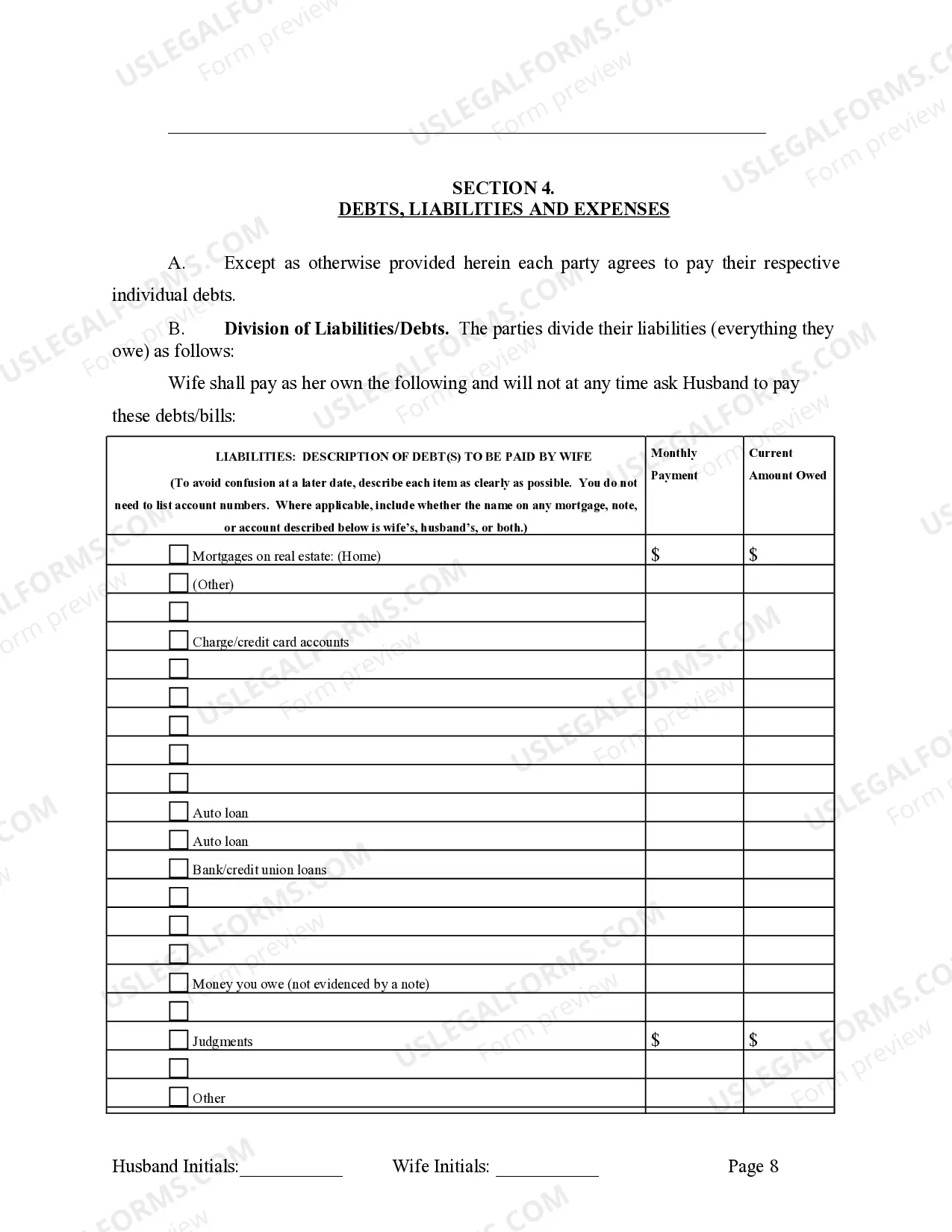 Preview Marital Legal Separation and Property Settlement Agreement no children parties may have Joint Property or Debts effective Immediately