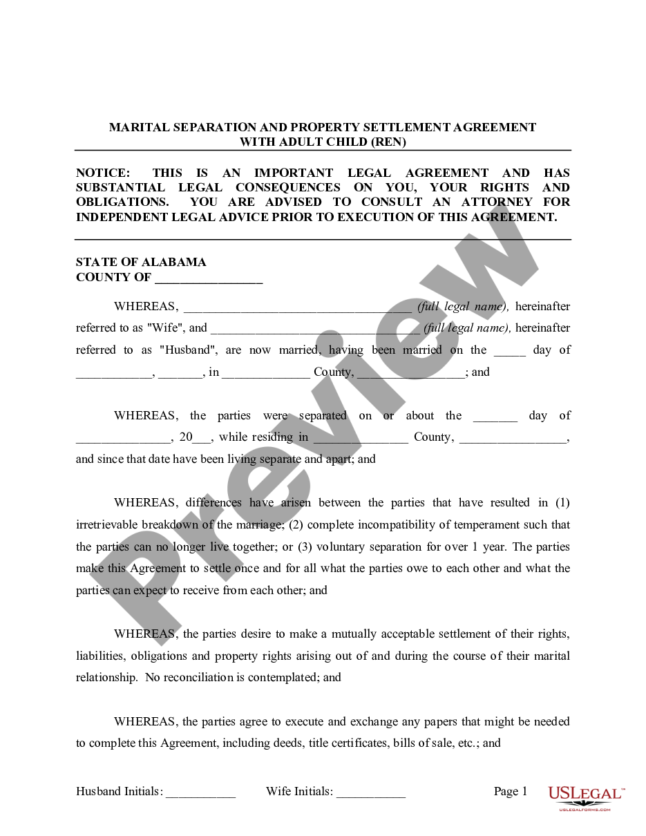 page 1 Legal Separation and Property Settlement Agreement with Adult Children - Marital - Parties May have Joint Property or Debts - Effective Immediately preview