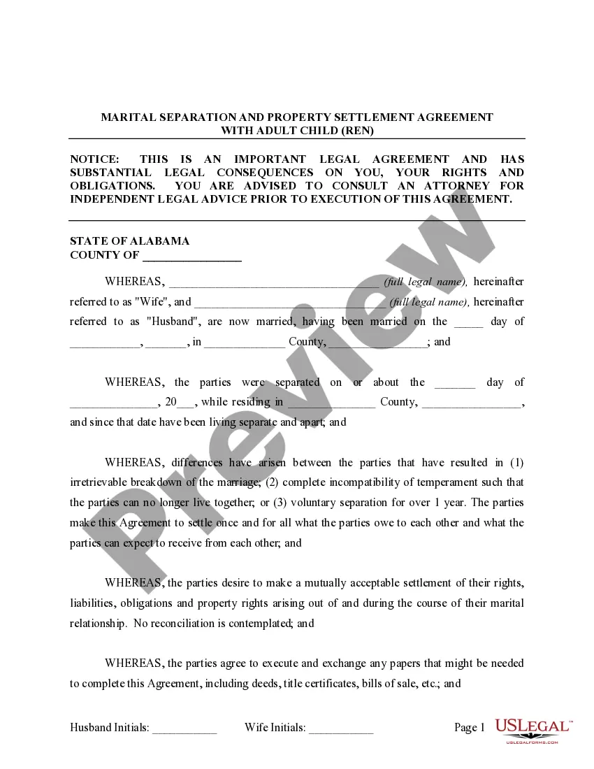 Preview Legal Separation and Property Settlement Agreement with Adult Children - Marital - Parties May have Joint Property or Debts - Effective Immediately