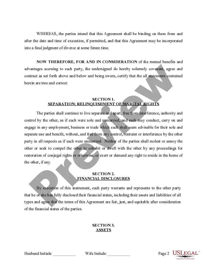Preview Legal Separation and Property Settlement Agreement with Adult Children - Marital - Parties May have Joint Property or Debts - Effective Immediately