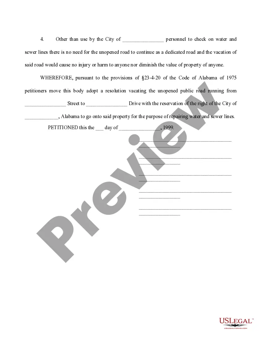 Preview Petition for Vacation of a Road filed with City - Vacate Road or Street