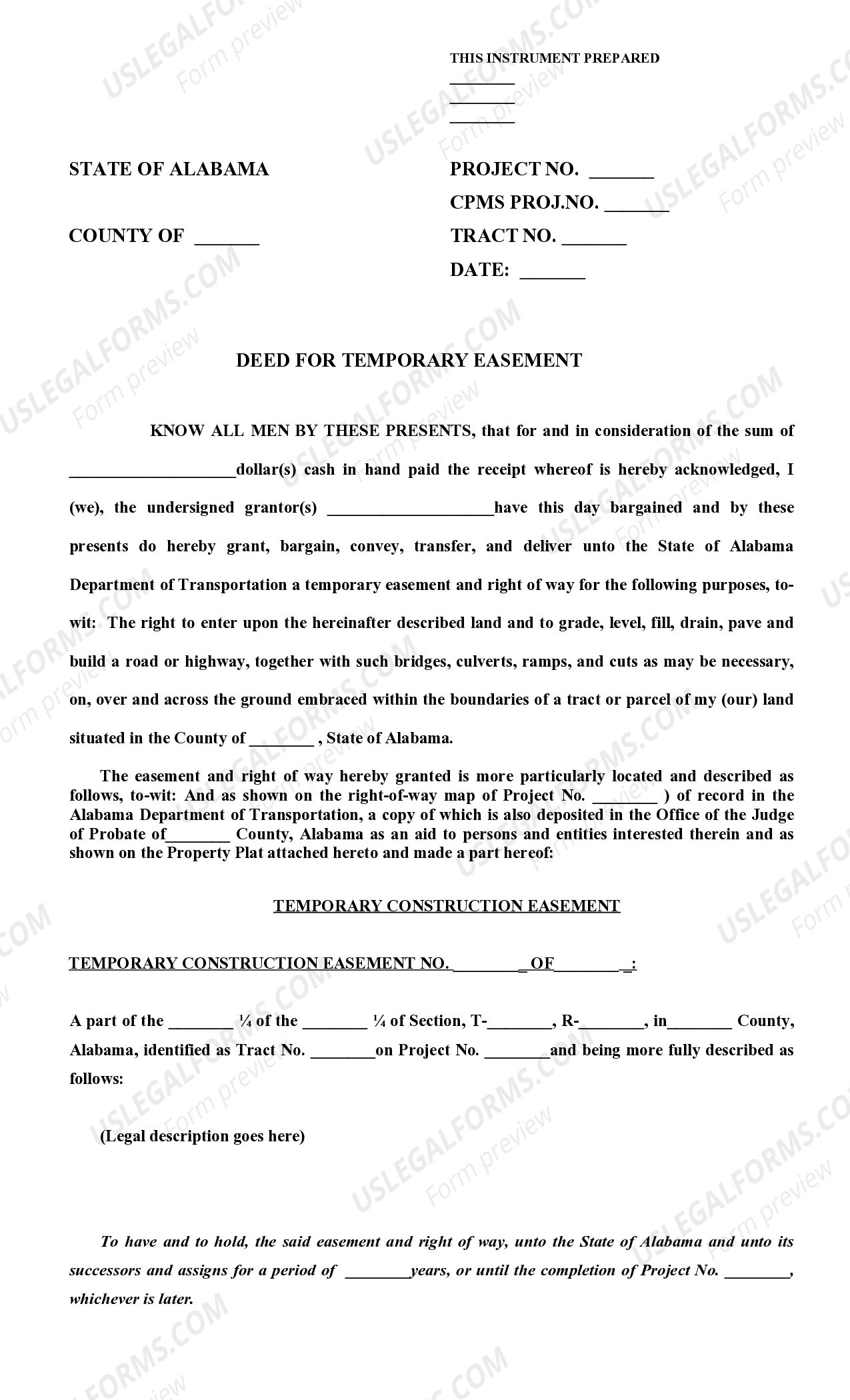 Alabama Deed of Temporary Easement US Legal Forms