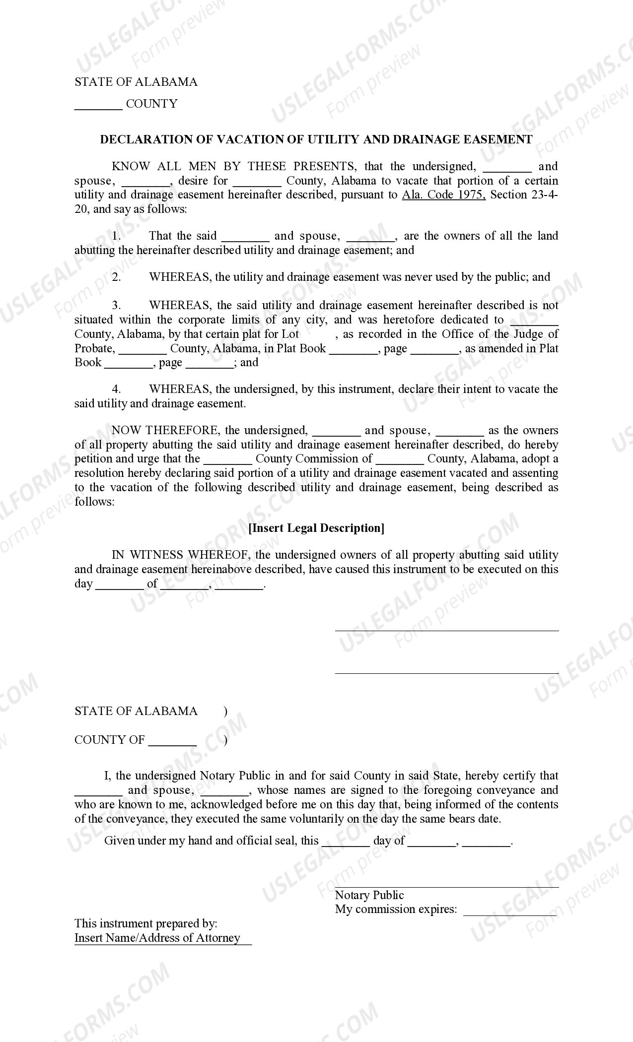 Alabama Declaration of Vacation of Utility and Drainagr Easement US