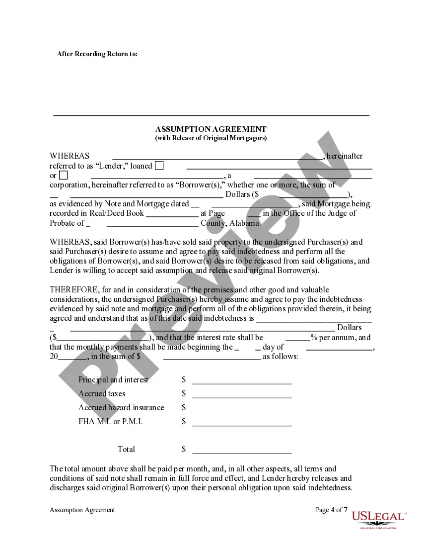 Preview Assumption Agreement of Mortgage and Release of Original Mortgagors
