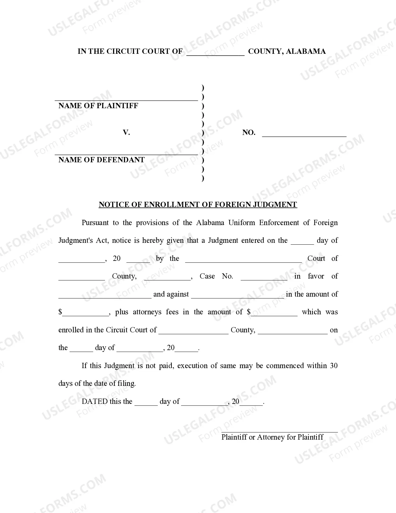 Preview Alabama Foreign Judgment Enrollment