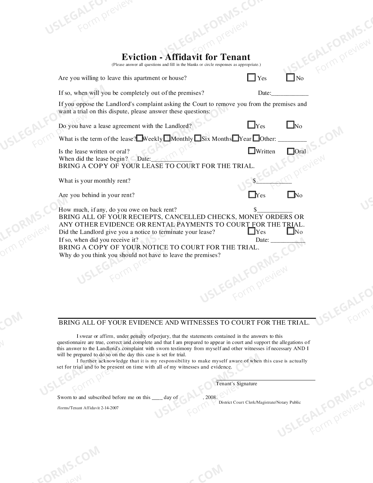 Alabama Eviction Affidavit of Tenant Eviction Notice Alabama US