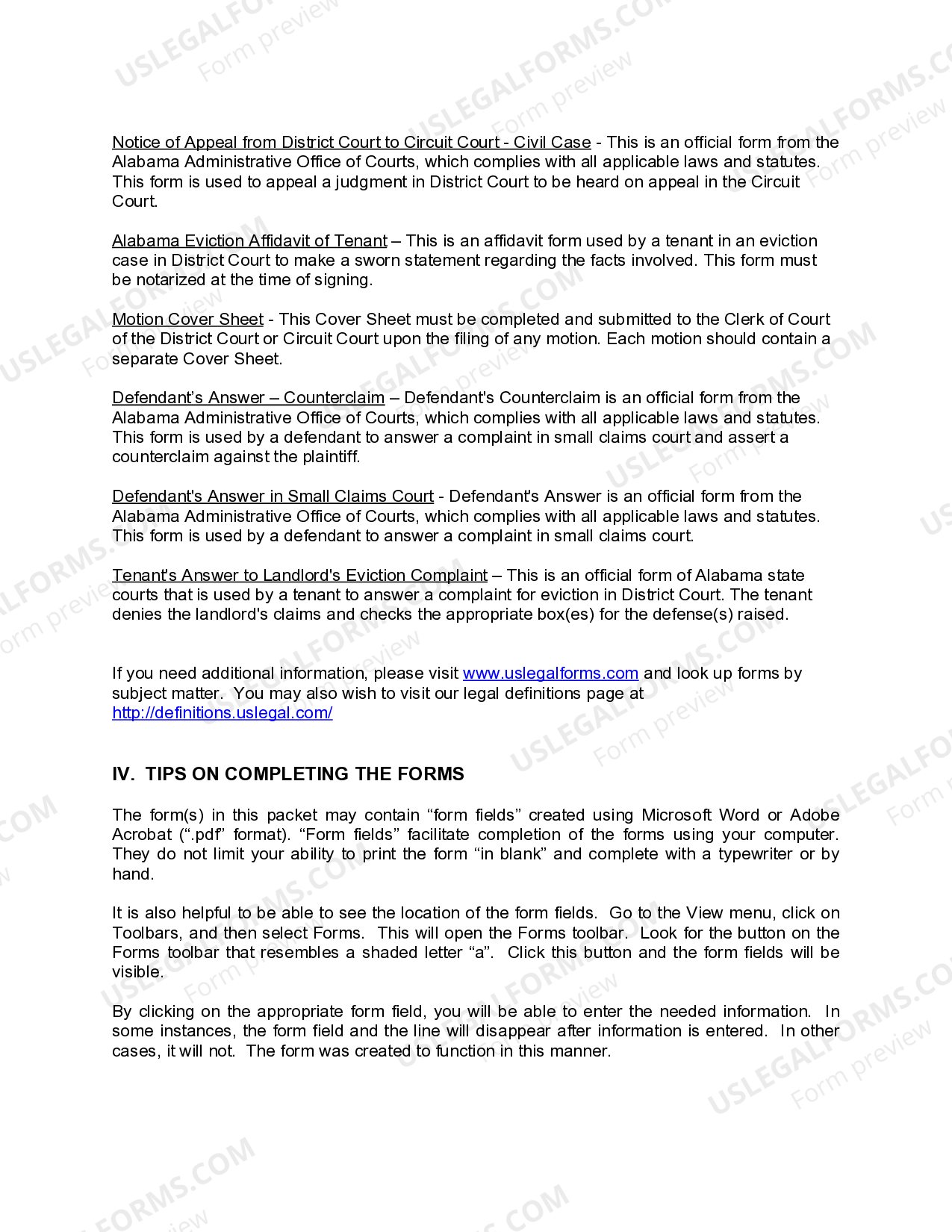Alabama Landlord Tenant Eviction Defense Forms Package Eviction