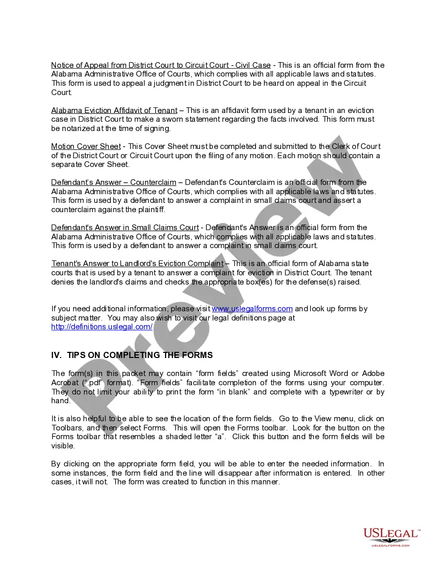 Preview Alabama Landlord Tenant Eviction Defense Forms Package