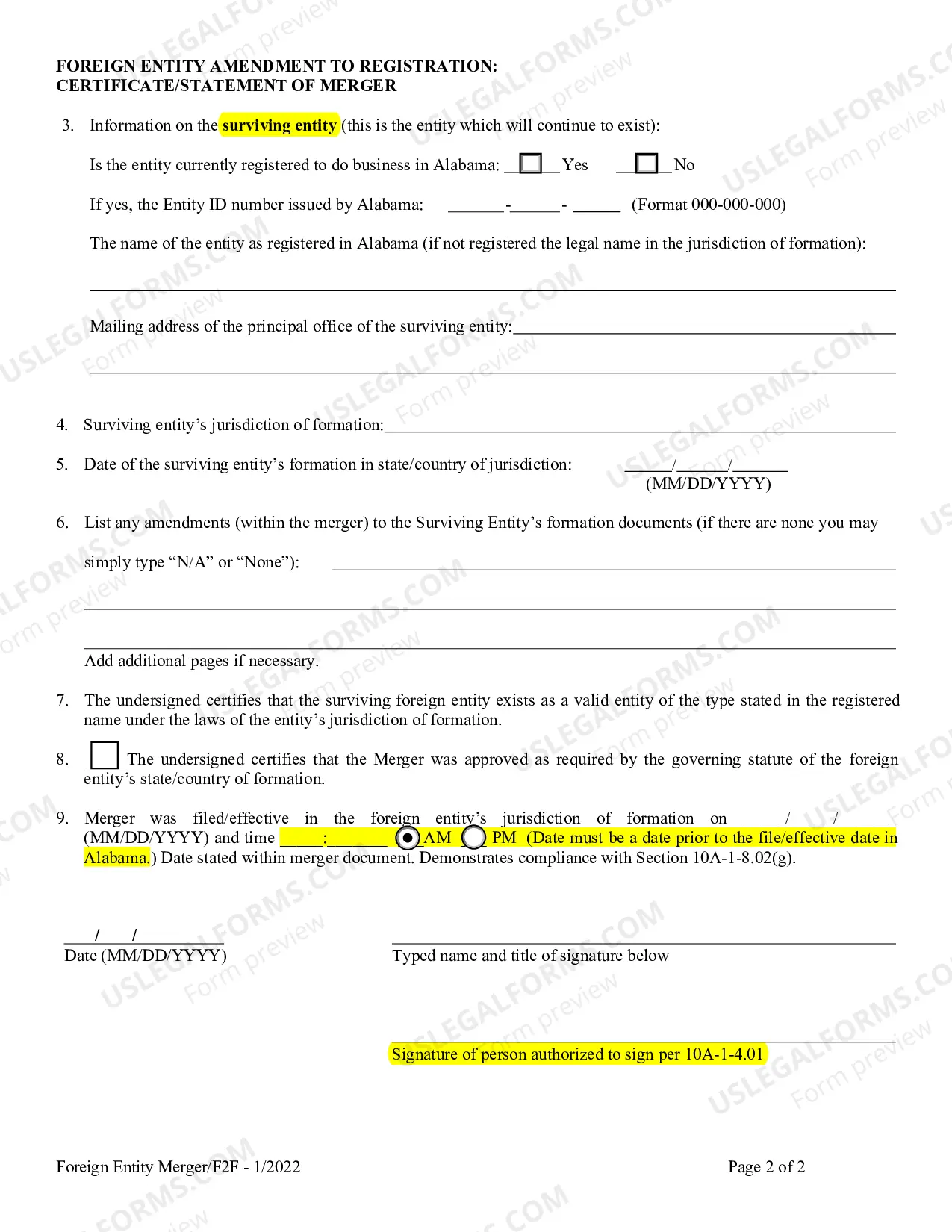 Preview Foreign Entity Amendment To Registration Certificate Statement of Merger
