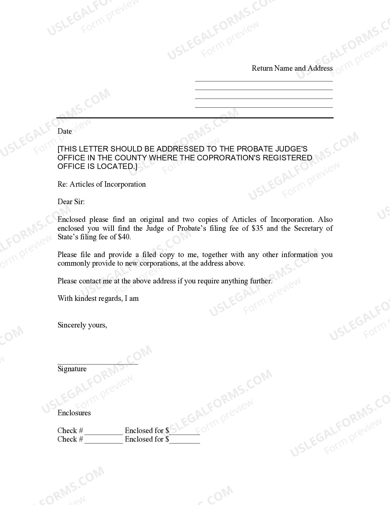 Sample Transmittal Letter to Secretary of State's Office to File
