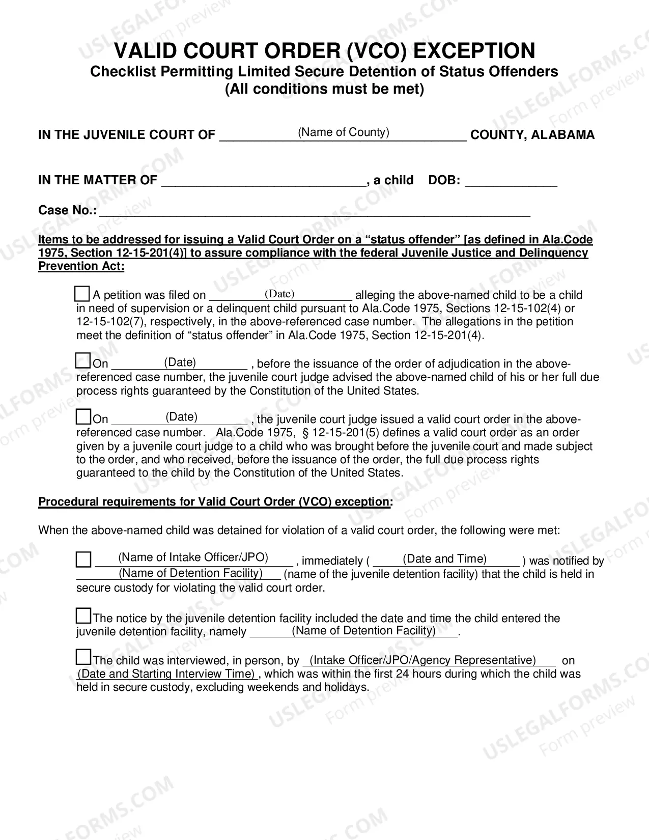 Preview Valid Court Order (VCO) Exception Assesment Request Checklist