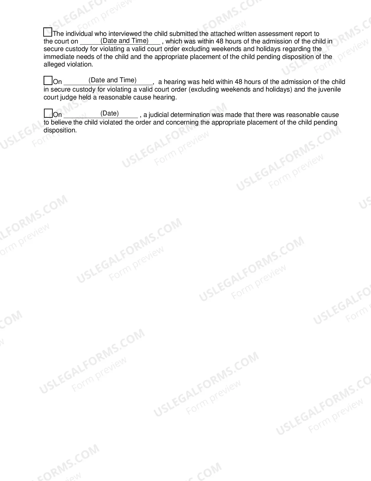 Preview Valid Court Order (VCO) Exception Assesment Request Checklist