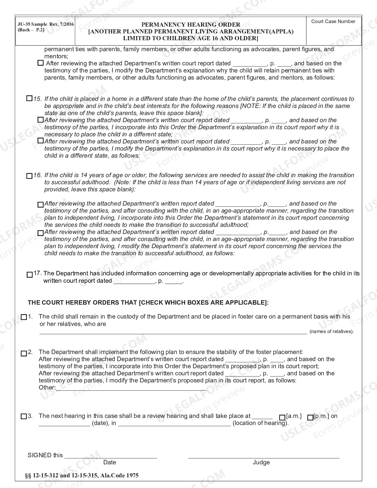 Preview Permanency Hearing Order APPLA