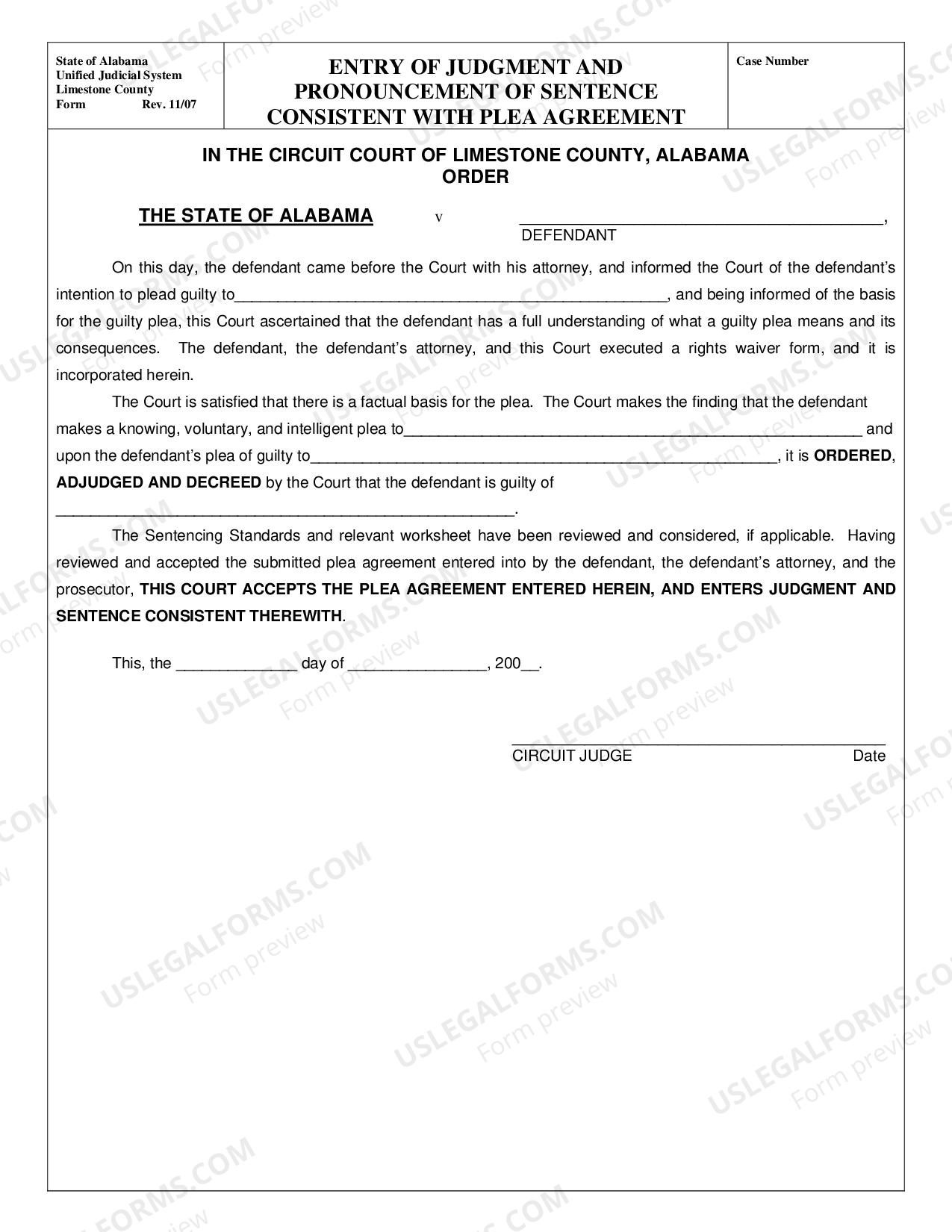 Alabama Plea Agreement and Entry of Judgment and Pronouncement of