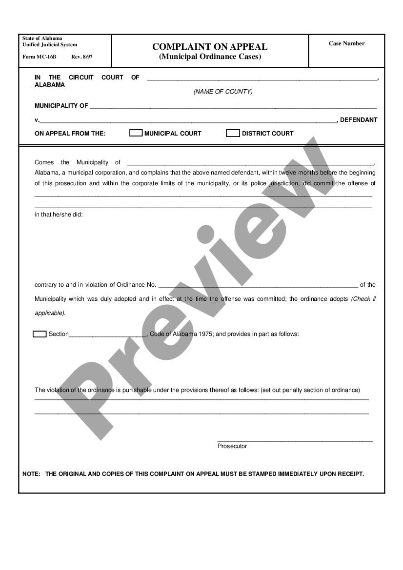 form Complaint on Appeal - Municipal Ordinance Cases preview