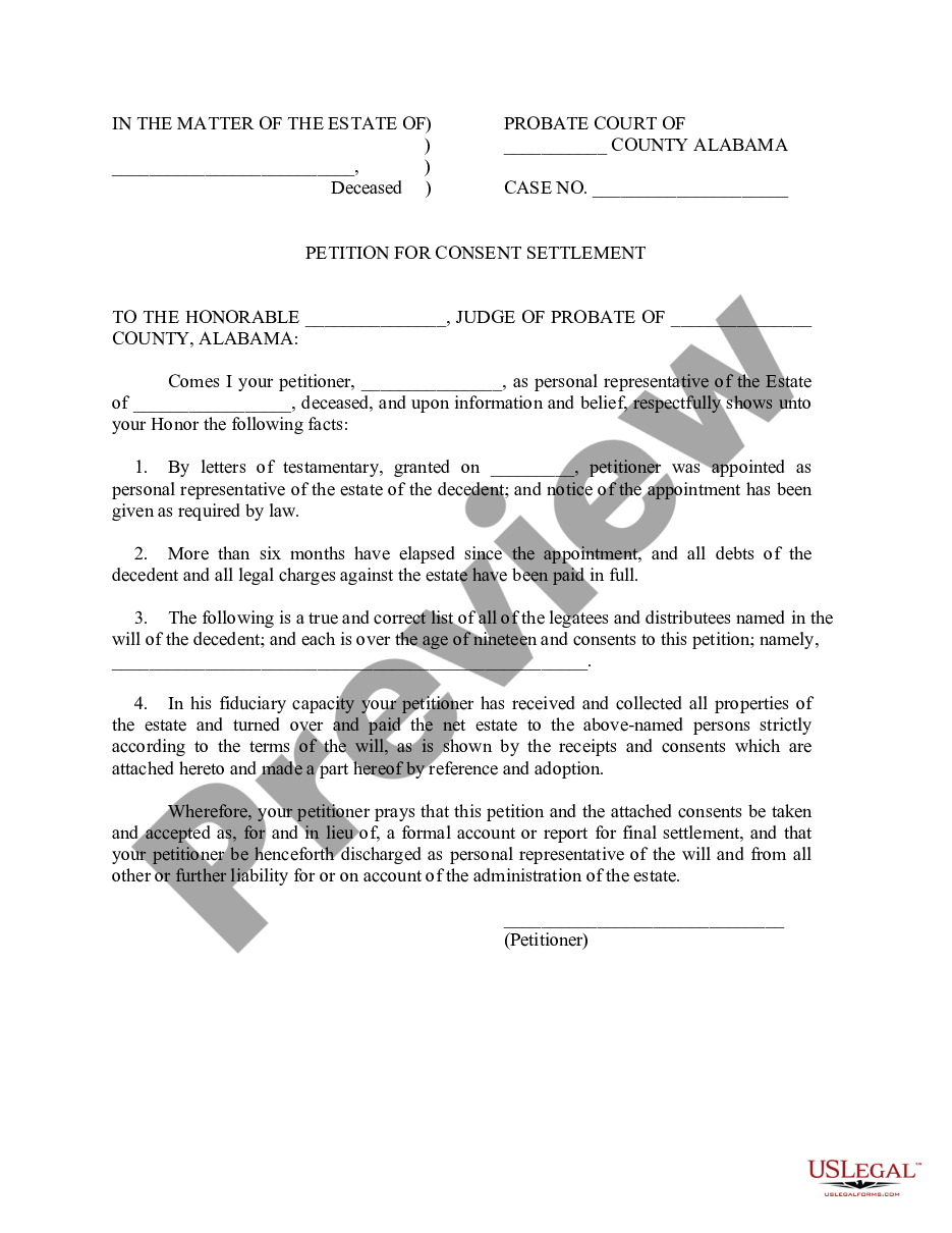 page 0 Petition for Consent Settlement of Estate by Personal Representative preview