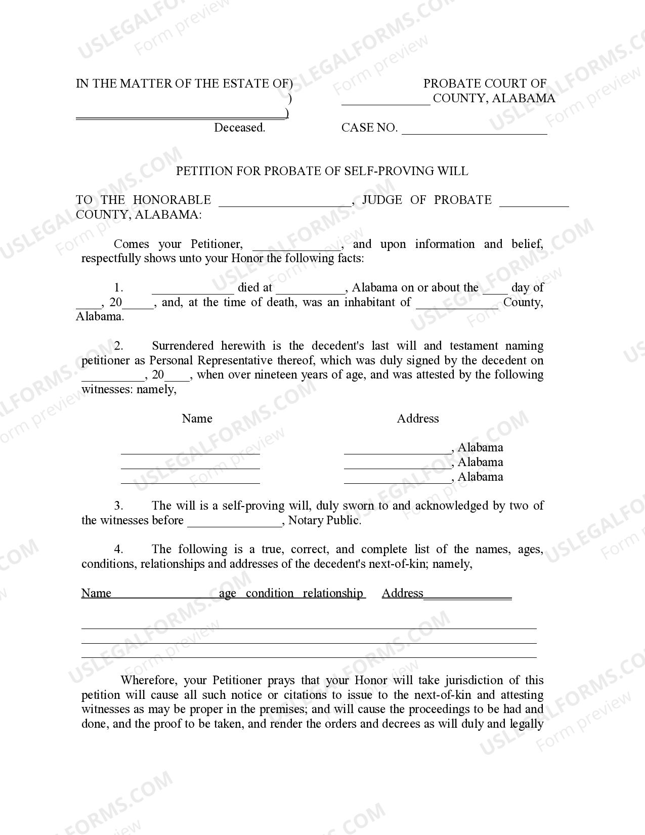 Alabama Petition For Probate Of Self Proving Will And Waiver Probate 