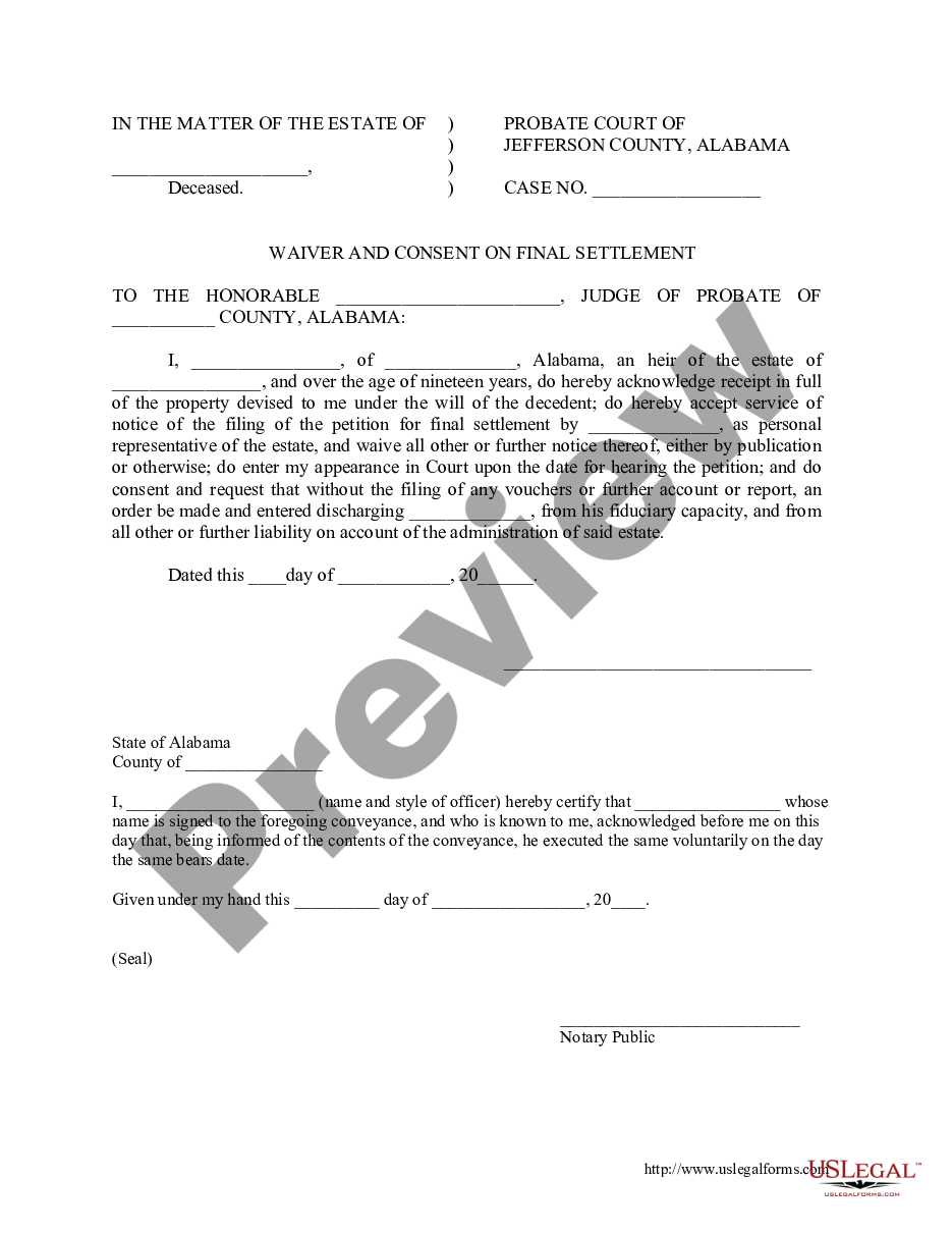 form Waiver and Consent to Final Settlement of Estate by heir preview