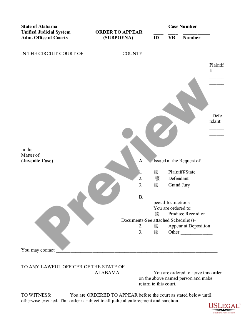 Birmingham Alabama Order To Appear Subpoena Juvenile Case Circuit Court Us Legal Forms 9366