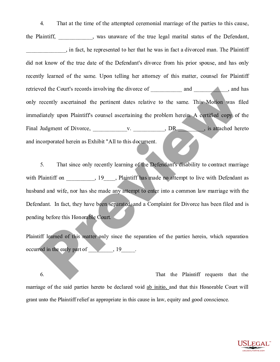 page 1 Motion to Declare Marriage Void Ab Initio and Judgment of Annulment preview