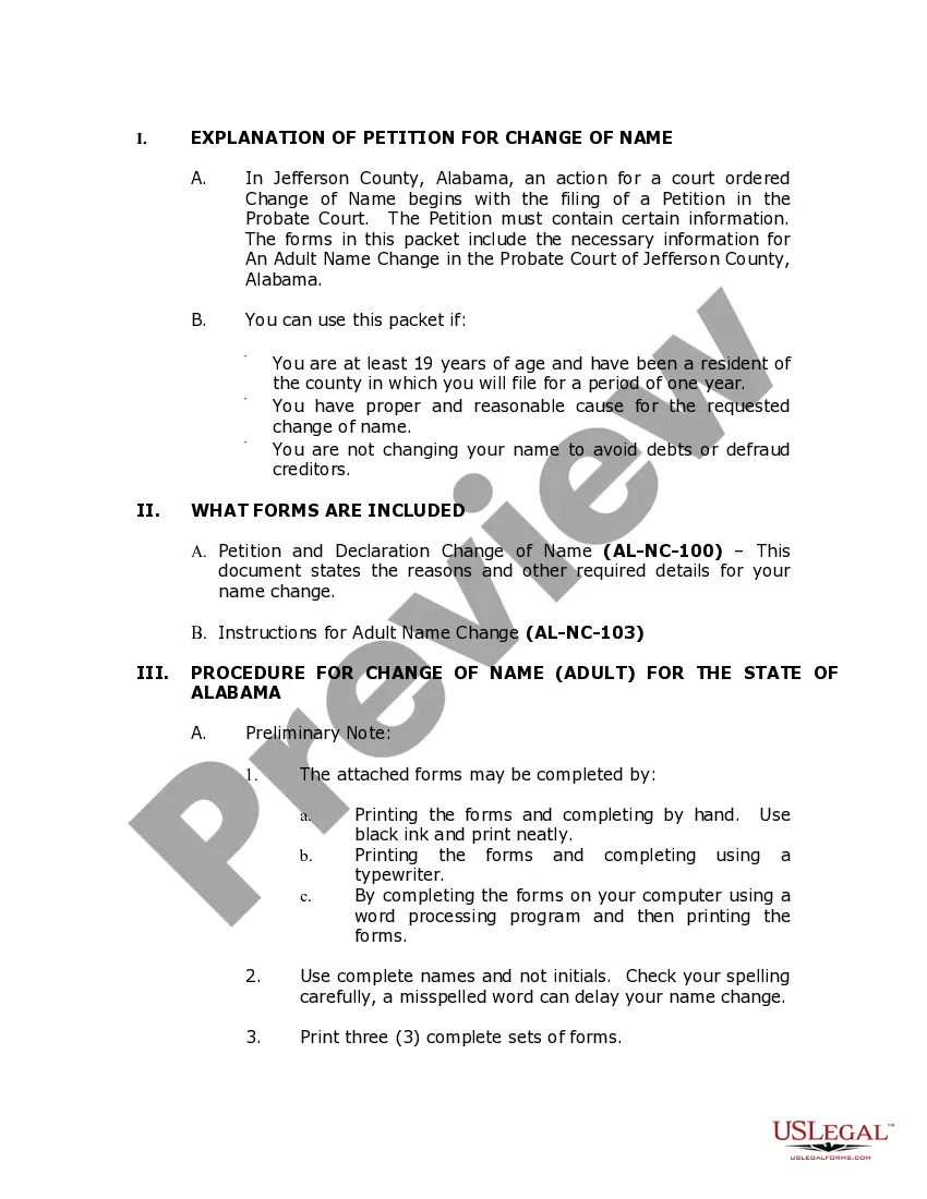 Preview Alabama Name Change Instructions and Forms Package for an Adult - Jefferson County