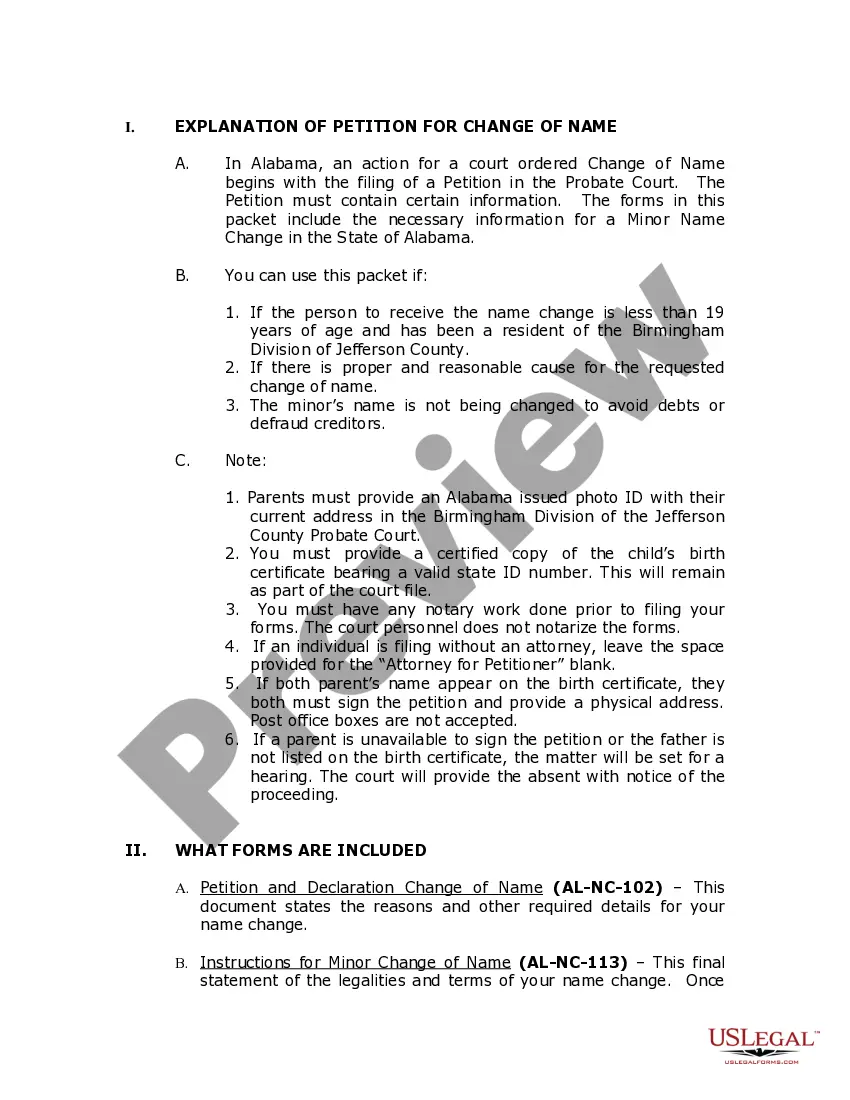 Preview Alabama Name Change Instructions and Forms Package for a Minor - Jefferson County