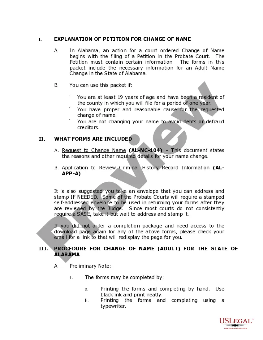 Preview Alabama Name Change Instructions and Forms Package for an Adult