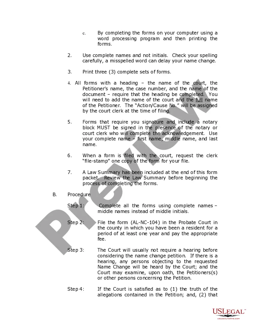 Preview Alabama Name Change Instructions and Forms Package for an Adult