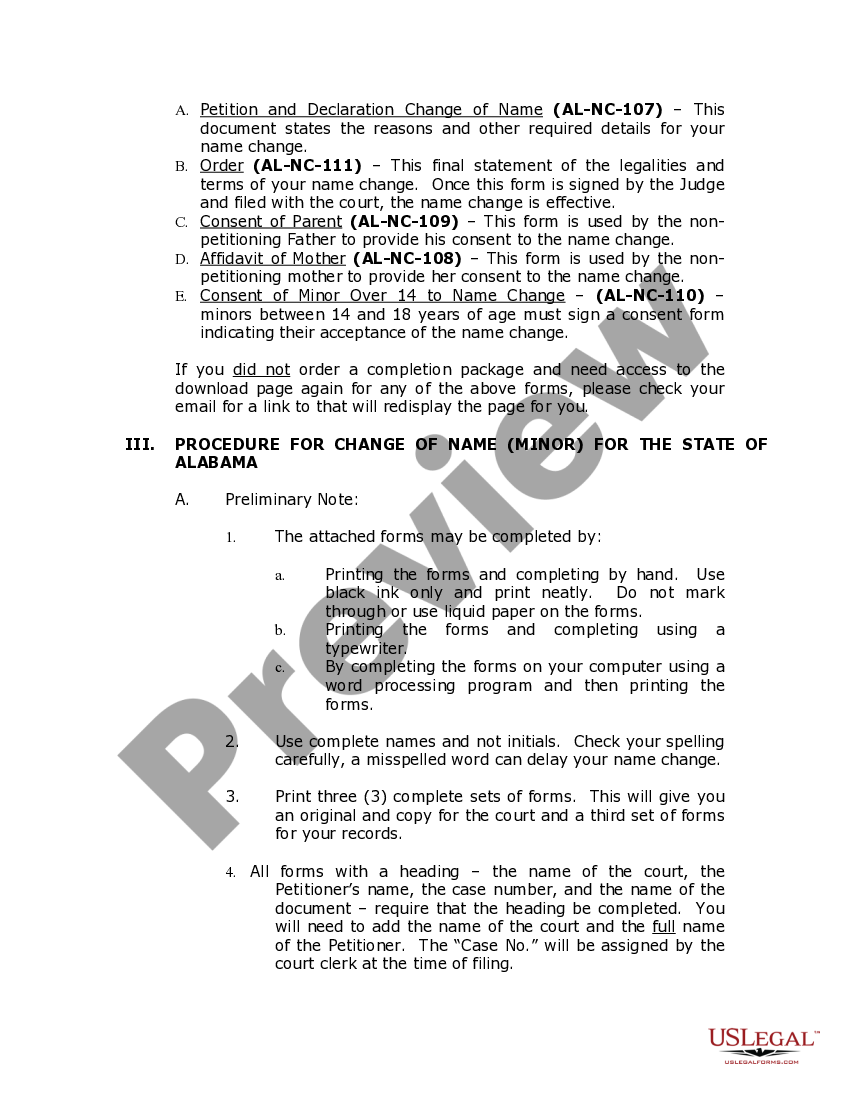 Alabama Name Change Instructions and Forms Package for a Minor