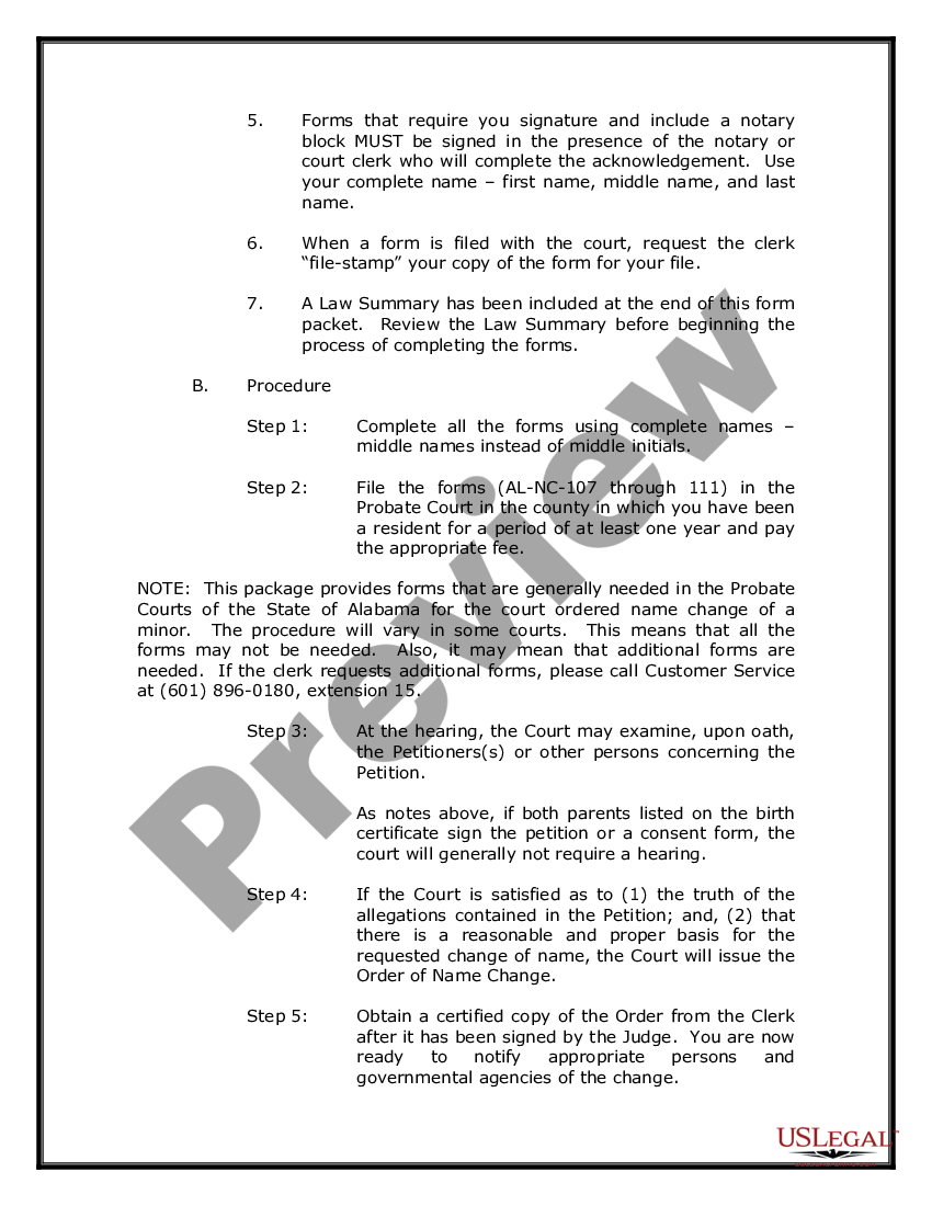 Alabama Name Change Instructions and Forms Package for a Minor